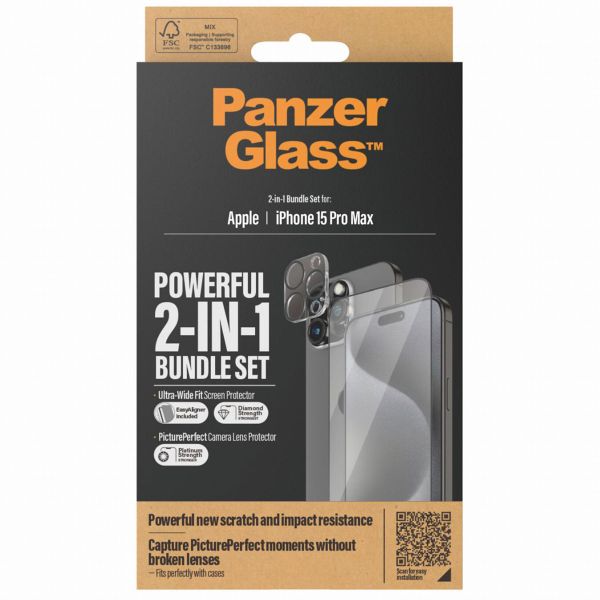 PanzerGlass 2 in 1 pack - Ultra-Wide Fit Anti-Bacterial Screenprotector incl. applicator + Camera Protector iPhone 15 Pro Max