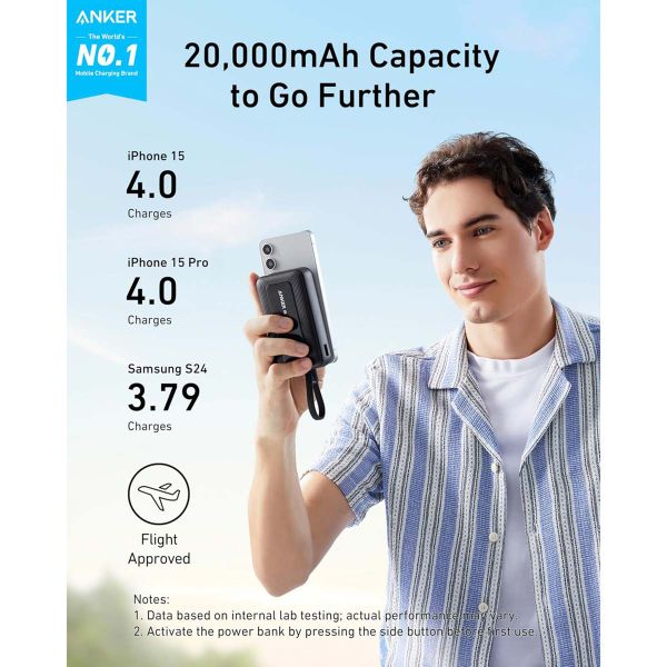 Anker Zolo Powerbank | 20.000 mAh - 30 Watt - Met geïntegreerde USB-C kabel - Zwart