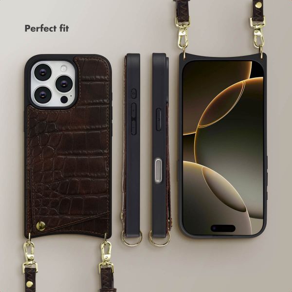 Selencia Nova Croco Phone Case with Cord and Card Holder Apple iPhone 16 Pro - Choco Brown