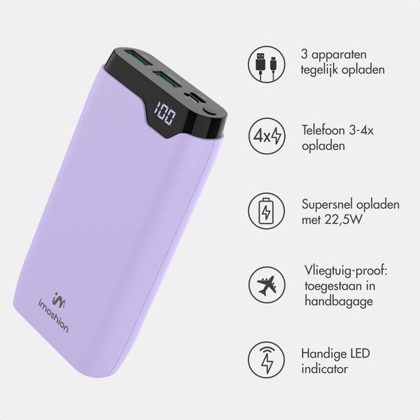 imoshion Powerbank 20.000 mAh - 22,5W Snellader - USB-C / USB-A - Lila
