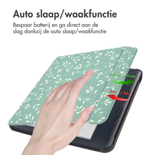 imoshion Design Slim Hard Case Sleepcover met stand Kobo Libra Colour - Smoke Green Flowers
