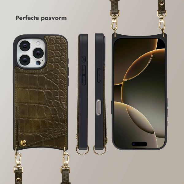 Selencia Nova Croco Telefoonhoes met Koord en Pashouder Apple iPhone 16 Pro - Dark Olive