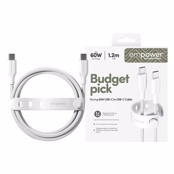 Empower by PanzerGlass Racing USB-C naar USB-C Oplaadkabel - 60W - 1,2 meter - Silver White