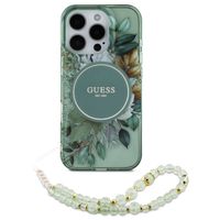 Guess MagSafe IML Flowers Case met beads strap Apple iPhone 16 Pro - Green