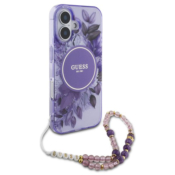 Guess MagSafe IML Flowers Case met beads strap iPhone 16 - Purple