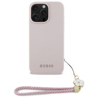 Guess Grained Backcover MagSafe met Flower Charm Strap iPhone 16 Pro - Roze