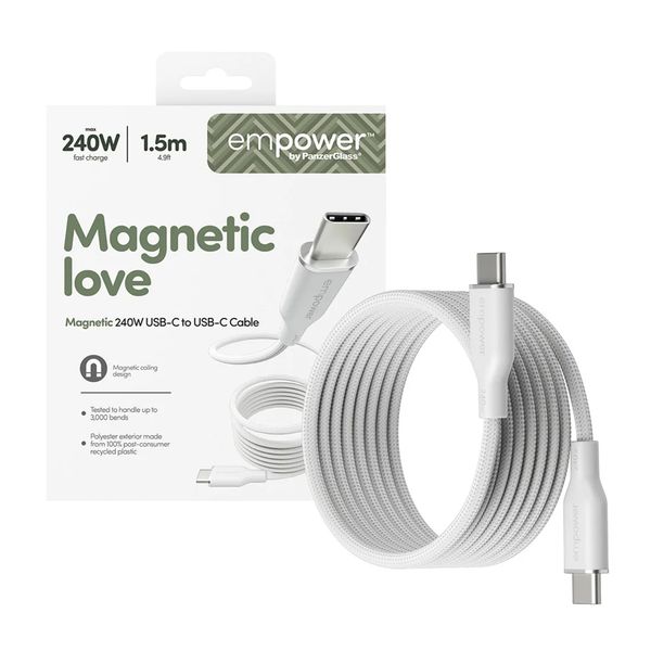 Empower by PanzerGlass Magnetic Snake USB-C naar USB-C Oplaadkabel - 240W - 1,5 meter - Silver White
