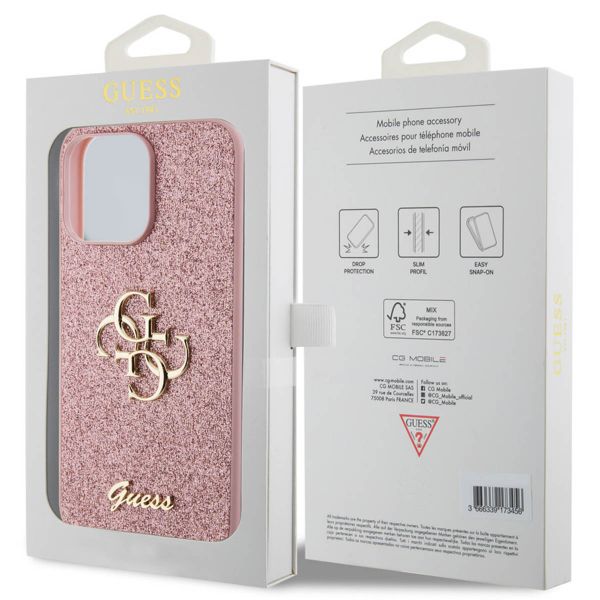 Guess 4G Metal Logo Glitter Backcover Apple iPhone 15 Pro Max - Roze