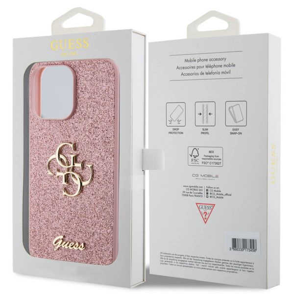 Guess 4G Metal Logo Glitter Backcover iPhone 15 Pro Max - Roze