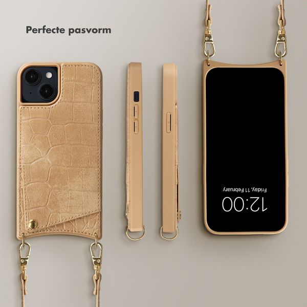 Selencia Nova Croco Telefoonhoes met Koord en Pashouder Apple iPhone 14 / 13 - Toasted Almond