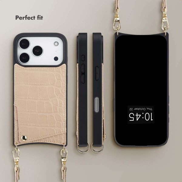 Selencia Nova Croco Phone Case with Cord and Card Holder Apple iPhone 17 Pro - Beige