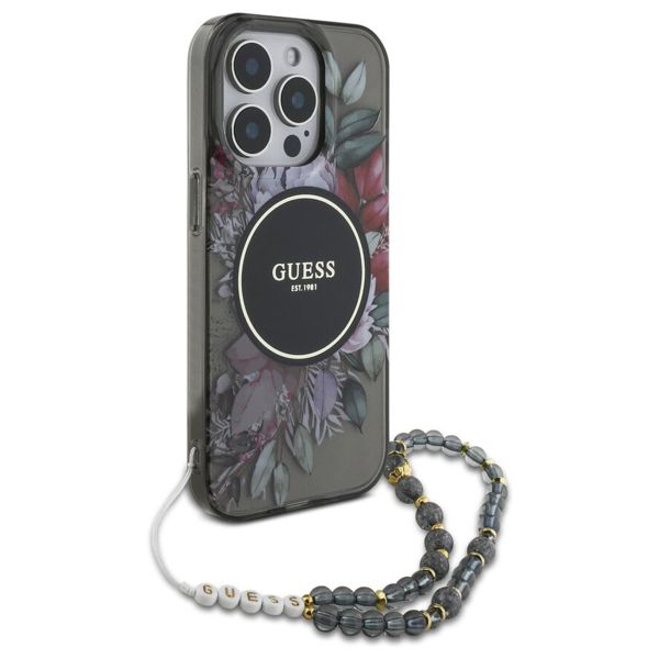 Guess MagSafe IML Flowers Case met beads strap Apple iPhone 15 Pro Max - Zwart