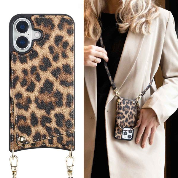 Selencia Nova Backcover met koord en pashouder iPhone 16 - Leopard