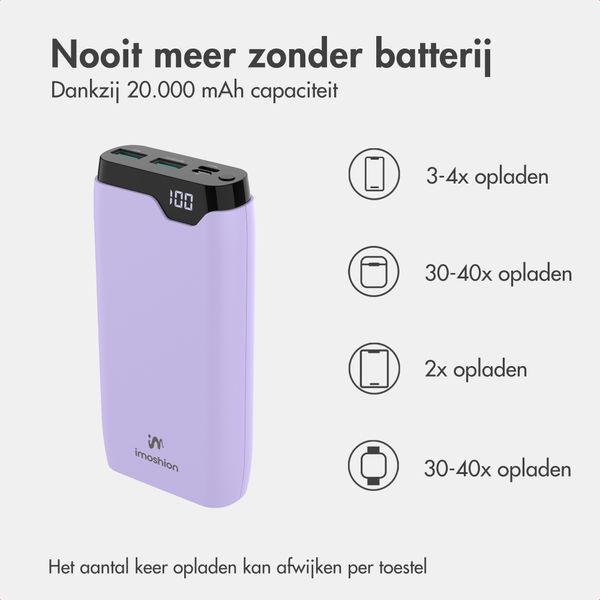imoshion Powerbank 20.000 mAh - 22,5W Snellader - USB-C / USB-A - Lila