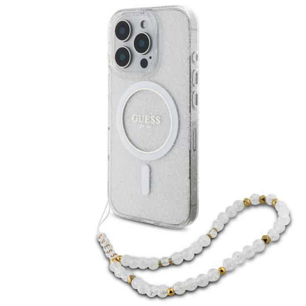 Guess MagSafe IML Glitter Case met beads strap iPhone 16 Pro - Transparent