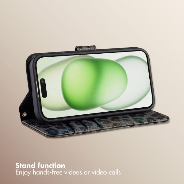 Selencia Sabi Bookcase with Leopard Print Apple iPhone 15 - Midnight Black