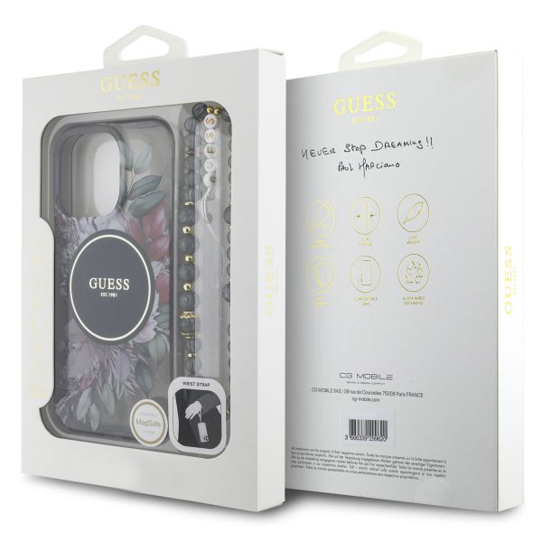 Guess MagSafe IML Flowers Case met beads strap Apple iPhone 16 Pro Max - Zwart
