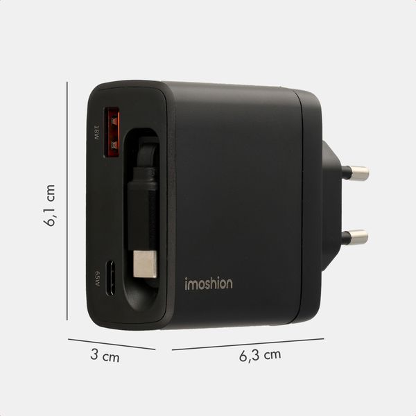imoshion GaN Oplader met uittrekbare USB-C kabel 65W - USB-A + USB-C - Zwart