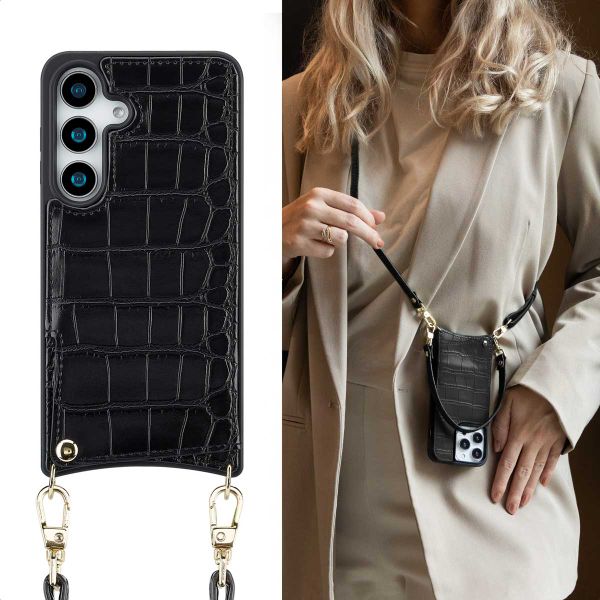 Selencia Nova Croco Telefoonhoes met Koord en Pashouder Samsung Galaxy S25 - Zwart