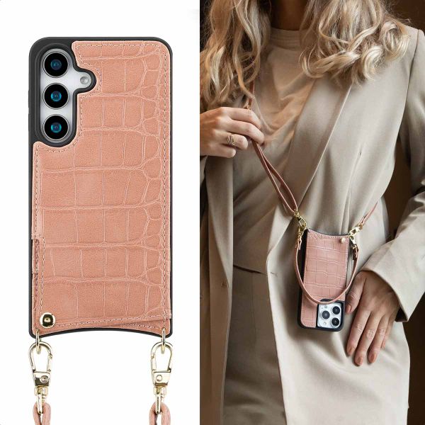 Selencia Nova Croco Telefoonhoes met Koord en Pashouder Samsung Galaxy S25 - Old Pink