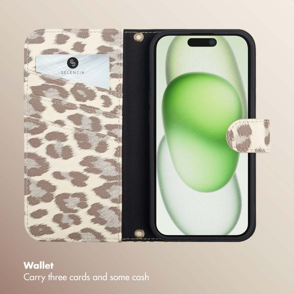 Selencia Sabi Bookcase with Leopard Print Apple iPhone 15 - Soft Ivory