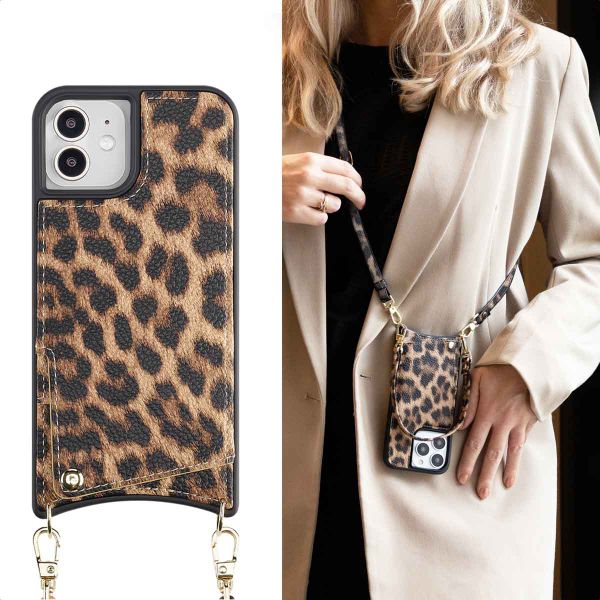 Selencia Nova Backcover met koord en pashouder iPhone 12 (Pro) - Leopard