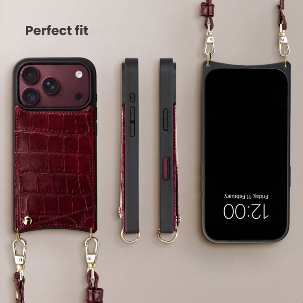 Selencia Nova Croco Phone Case with Cord and Card Holder Apple iPhone 18 Pro / 17 Pro - Burgundy