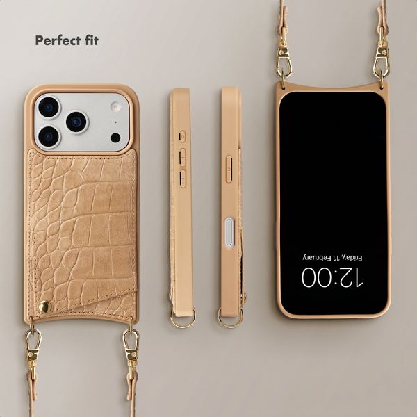 Selencia Nova Croco Phone Case with Cord and Card Holder Apple iPhone 17 Pro - Toasted Almond