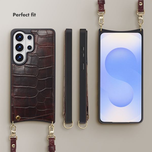 Selencia Nova Croco Phone Case with Cord and Card Holder Samsung Galaxy S26 Ultra - Choco Brown