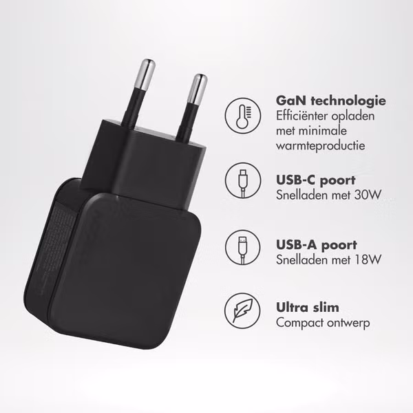 Accezz Ultra Slim GaN Oplader - USB-C + USB-A - 30W - Zwart