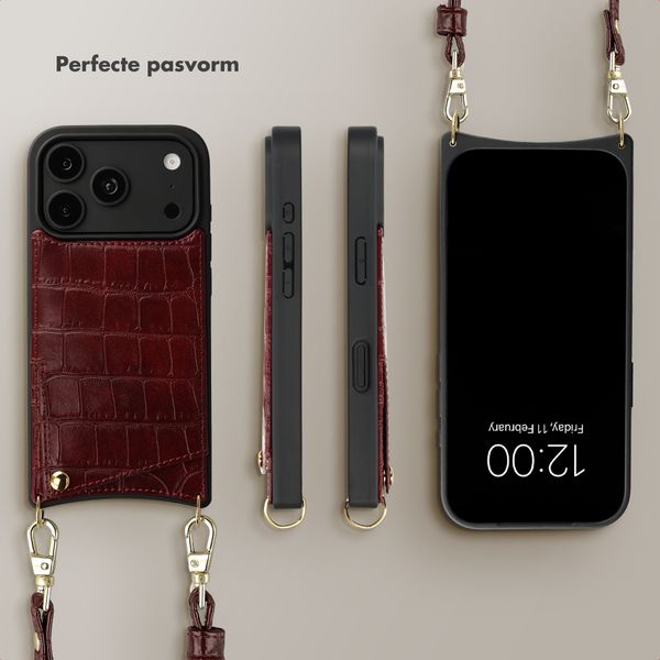 Selencia Nova Croco Telefoonhoes met Koord en Pashouder Apple iPhone 18 Pro Max / 17 Pro Max - Burgundy