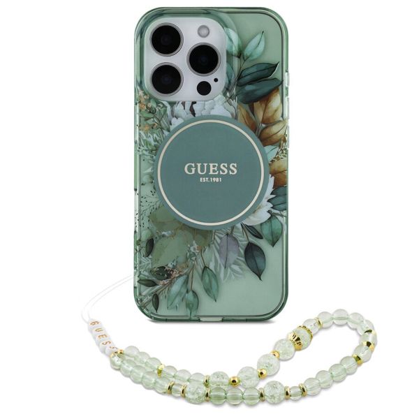 Guess MagSafe IML Flowers Case met beads strap Apple iPhone 16 Pro Max - Green
