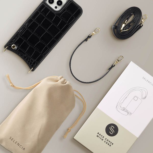 Selencia Nova Croco Phone Case with Cord and Card Holder Apple iPhone 12 (Pro) - Black