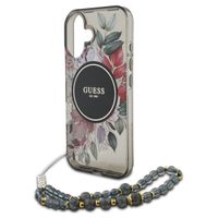 Guess MagSafe IML Flowers Case met beads strap Apple iPhone 16 - Zwart