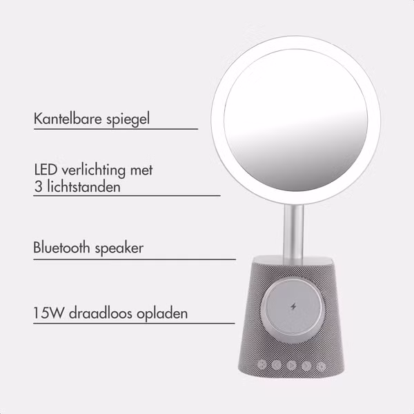 imoshion Make-up Spiegel met Bluetooth Speaker en Draadloze Oplader - Zilver