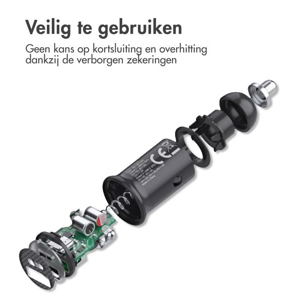 imoshion Mini autolader snellaadbundel - 2 poorten - USB-A Quick Charge - USB-C Power Delivery - 60 Watt + Braided USB-A naar USB-C kabel - 0,5 meter - Zwart
