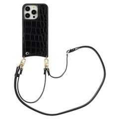 Selencia Nova Croco Phone Case with Cord and Card Holder Apple iPhone 14 Pro - Black