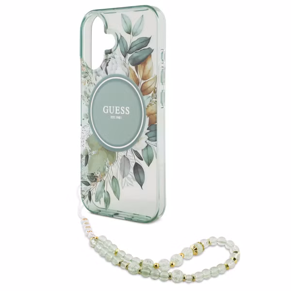 Guess MagSafe IML Flowers Case met beads strap Apple iPhone 16 - Green