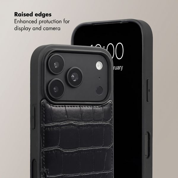 Selencia Nova Croco Phone Case with Cord and Card Holder Apple iPhone 18 Pro / 17 Pro - Black