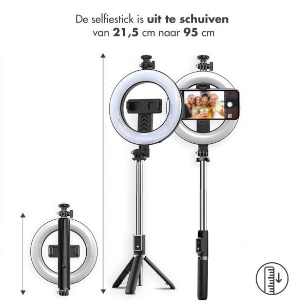 imoshion 3 in 1 Pro Bluetooth Selfie Stick + Tripod + 6 inch Ring Fill Light - Ringlamp telefoon - Selfie stick bluetooth - Ringlight met statief - Verstelbaar - Zwart