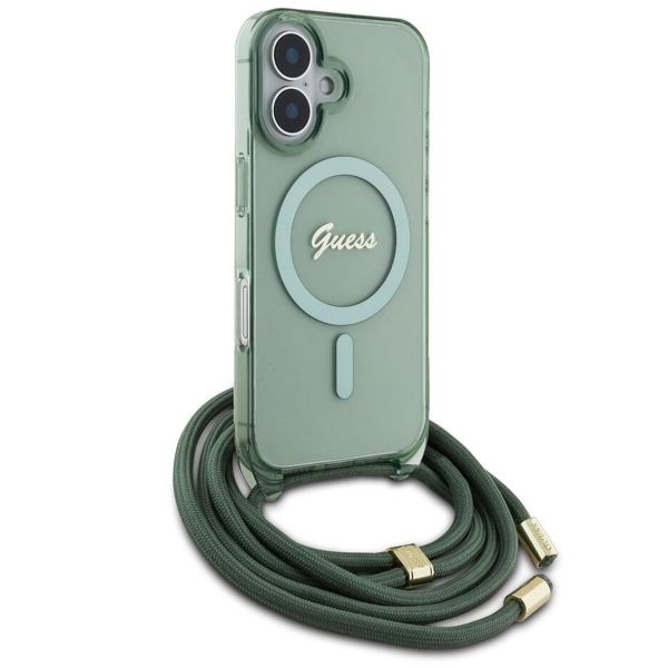 Guess MagSafe IML Backcover met crossbody cord iPhone 16 - Groen