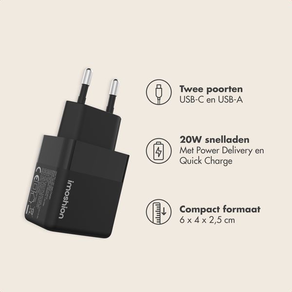 imoshion Wall Charger - Oplader - USB-C en USB aansluiting - Power Delivery - 20 Watt - Zwart