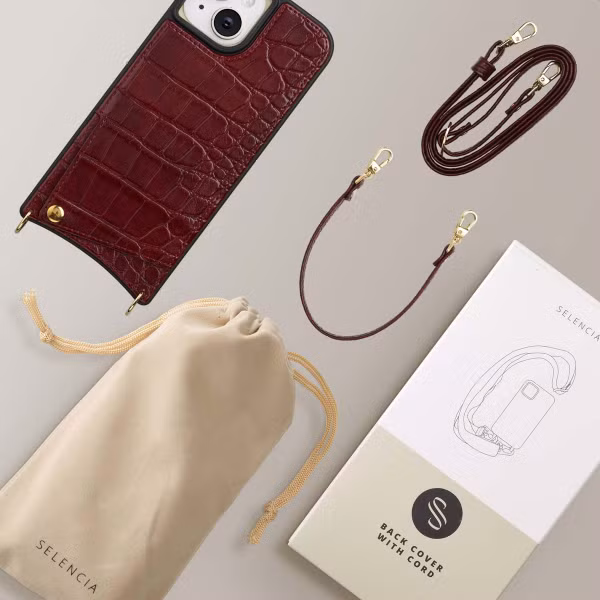 Selencia Nova Croco Telefoonhoes met Koord en Pashouder Apple iPhone 15 - Burgundy