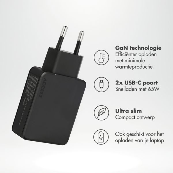 Accezz Ultra Slim GaN Oplader - 2x USB-C - 65W - Zwart
