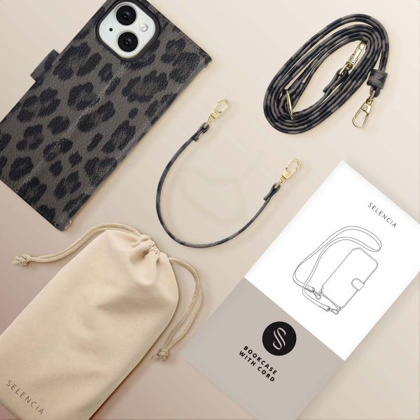 Selencia Sabi Bookcase with Leopard Print Apple iPhone 15 - Midnight Black