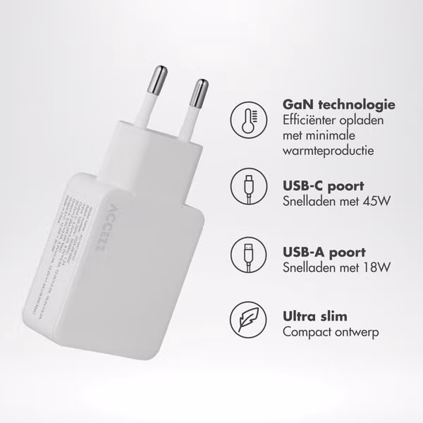 Accezz Ultra Slim GaN Oplader - USB-C + USB-A - 45W - Wit