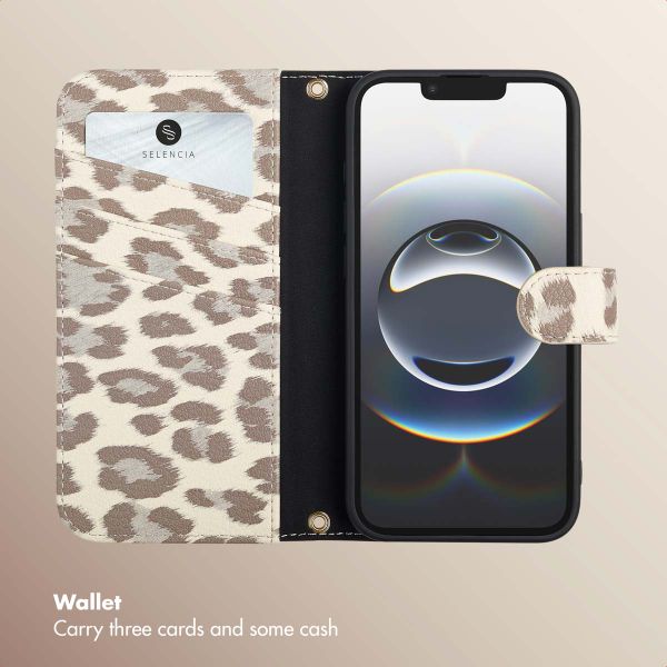 Selencia Sabi Bookcase with Leopard Print Apple iPhone 17e / 16e - Soft Ivory