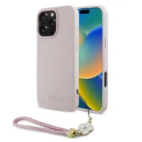 Guess Grained Backcover MagSafe met Flower Charm Strap Apple iPhone 16 Pro - Roze