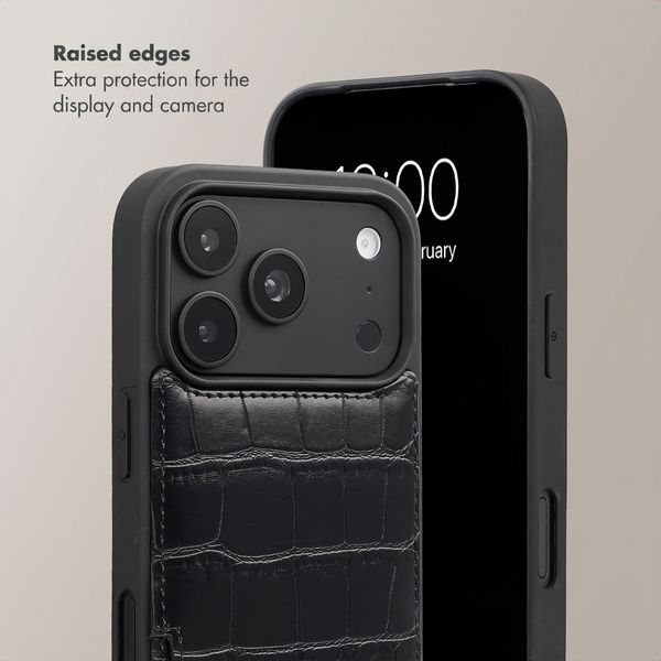 Selencia Nova Croco Phone Case with Cord and Card Holder Apple iPhone 18 Pro Max / 17 Pro Max - Black