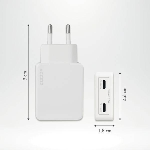 Accezz Ultra Slim GaN Oplader - 2x USB-C - 65W - Wit
